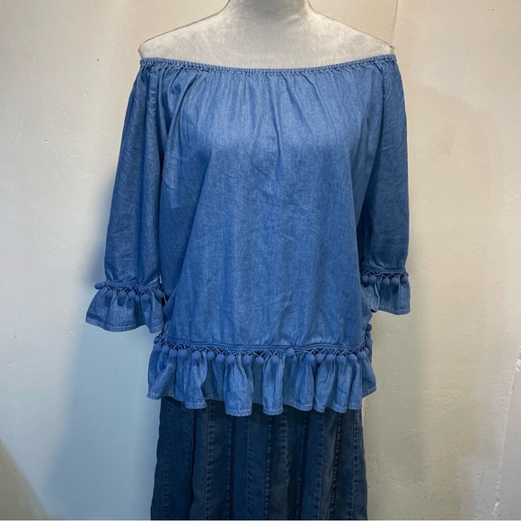 #0246 Hester & Orchard Denim Blue Ruffled Relaxed Blouse w/ Tassels-S - Picture 2 of 8